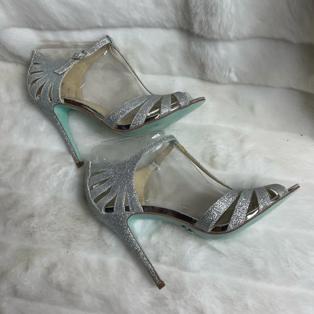 Betsey Johnson Blue silver glitter T strap sandals open toe ankle strap …